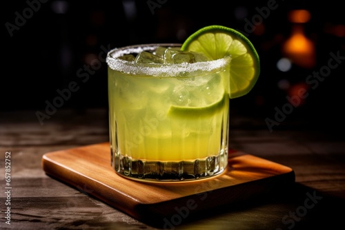 Citrusy margarita on wooden table, made with tequila, lime juice, and triple sec. Closeup on dark bar counter background. Generative AI