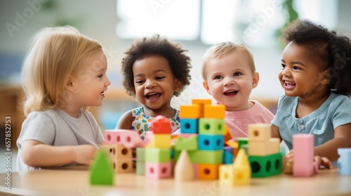A group of children playing together and building with wooden blocks.
