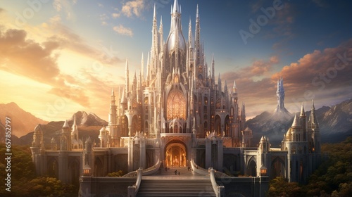 A grand, ancient cathedral bathed in the soft glow of sunrise, its intricate architecture standing as a testament to time photo