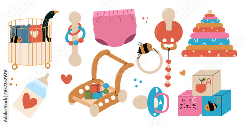 Children's set of items. Pacifier, push walker, teether, rattle, pillow, milk bottle. Hand draw illustration.