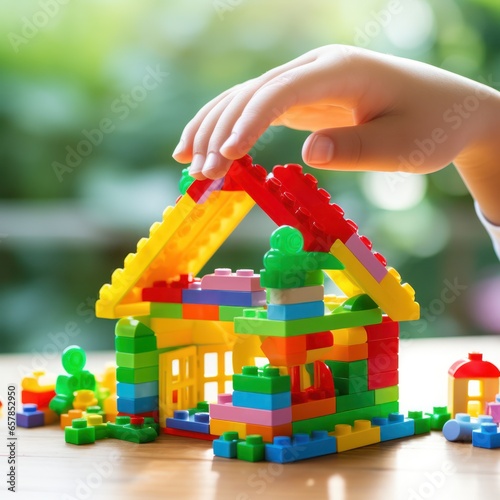 A child's hands building a simple house with colorful plastic blocks
