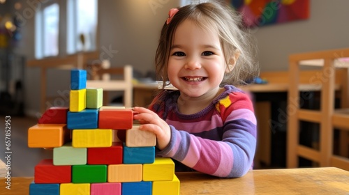 A little girl smiling while creating a rainbow tower with blocks