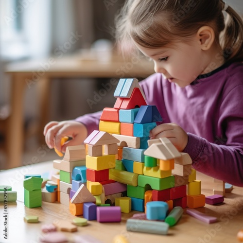 A child's hands building a simple house with colorful plastic blocks