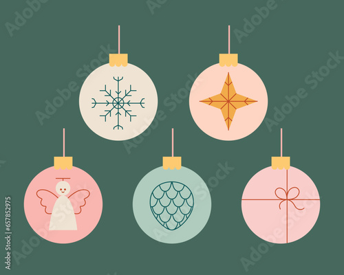 Merry Christmas, New Year posters set with simple winter abstract round ball for tree