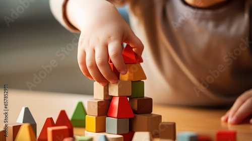A child's hands building a simple house with colorful plastic blocks