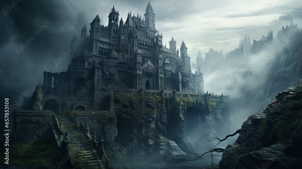 A hauntingly beautiful, forgotten castle ruin atop a misty mountain, with a sense of timelessness in the decay