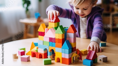 A child's hands building a simple house with colorful plastic blocks