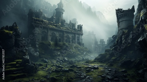 A hauntingly beautiful  forgotten castle ruin atop a misty mountain  with a sense of timelessness in the decay