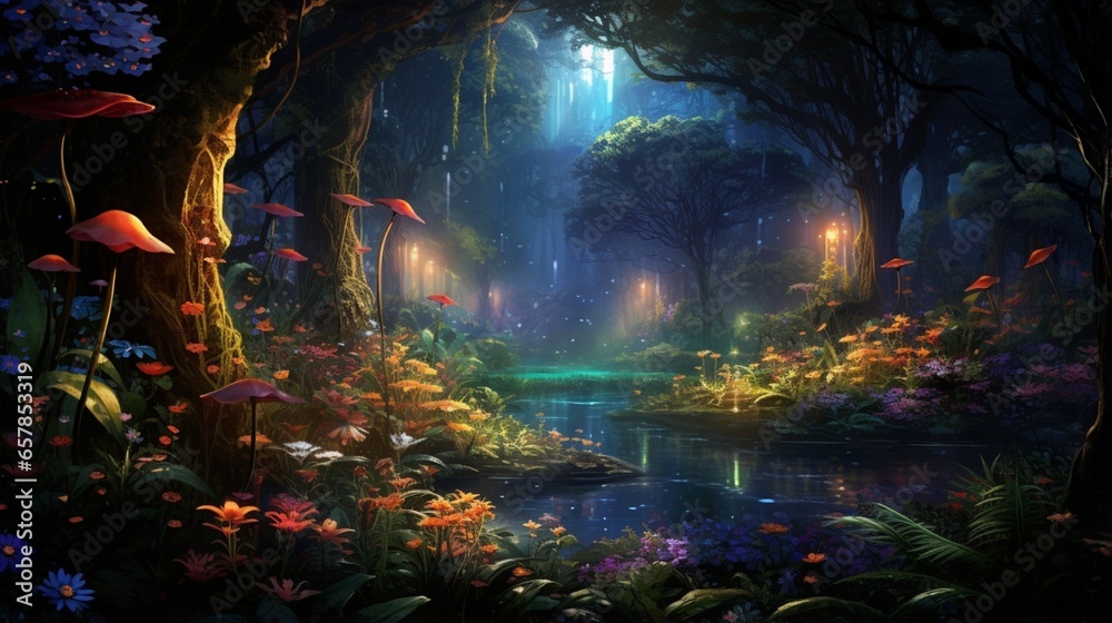 A hidden, enchanted garden filled with exotic and colorful plants, softly lit by the glow of fireflies