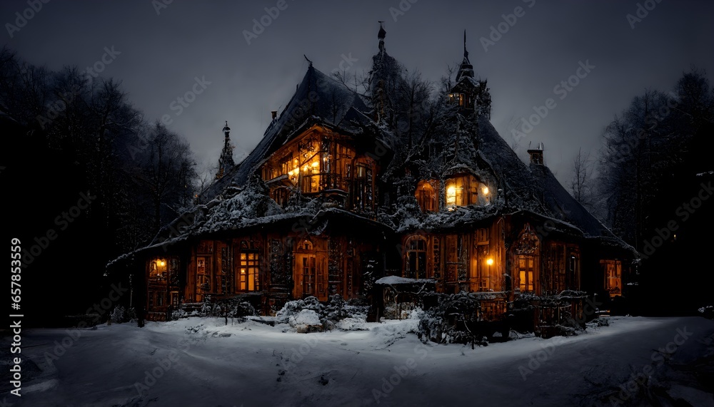 Classic French Gothic architectural style log cabin mansion cold winter night photorealistic ultra realistic detailed photographic ar 169 