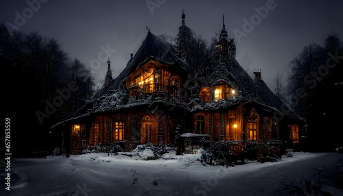 Classic French Gothic architectural style log cabin mansion cold winter night photorealistic ultra realistic detailed photographic ar 169 