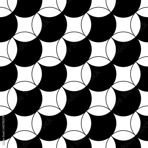 White figures tessellation background. Image with oval and quadrangular shapes. Ethnic mosaic tiles motif. Seamless surface pattern design with interlocking circles ornament. Oriental art composition.