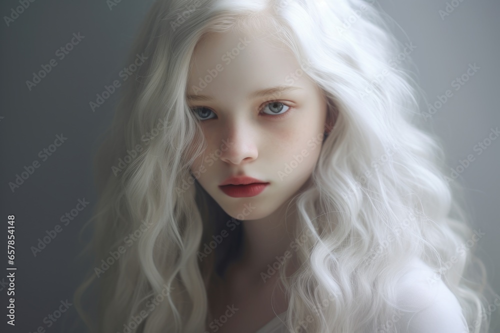 A portrait of a young girl with striking white hair and mesmerizing blue eyes. This image can be used to depict uniqueness, beauty, innocence, or fantasy.