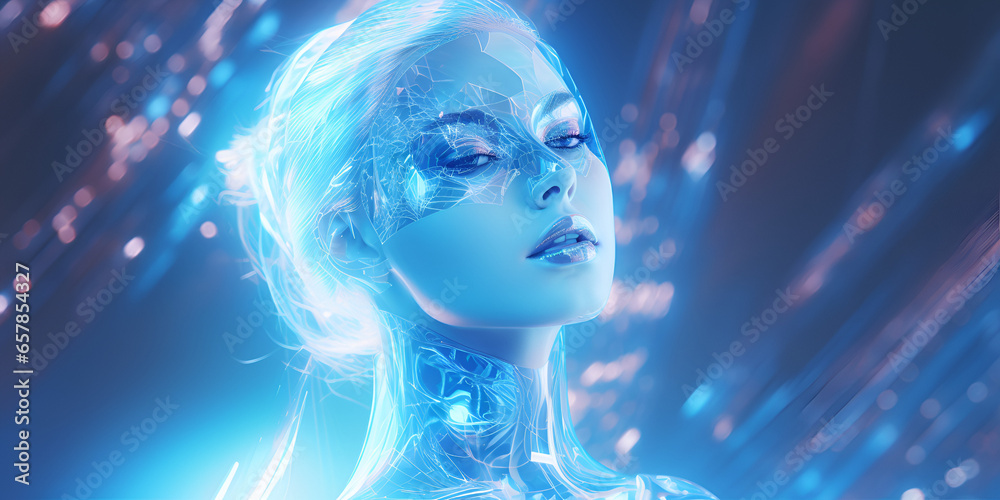 Close up portrait of a beautiful futuristic half robot woman, mystic blue skin and eyes Close up portrait of a beautiful futuristic half robot woman, mystic blue skin and eyes