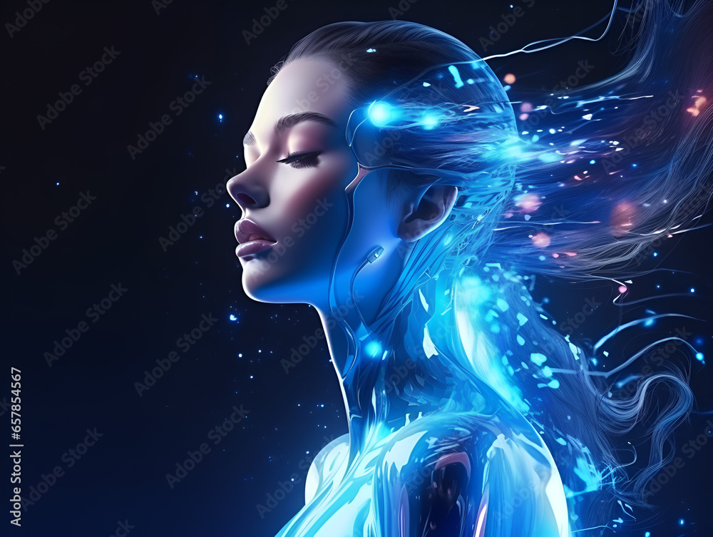 Close up of a beautiful futuristic half robot woman, mystic blue woman