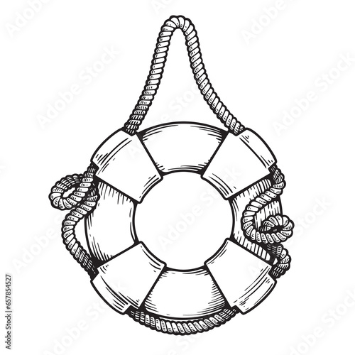 Lifebuoy with ropes in sketch style. Hand drawn travel and life safe symbol. Vintage vector illustration isolated on white.