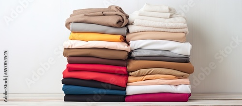 Clean women s clothes stacked neatly on wooden table with shirts and sweaters piled on top White wall background