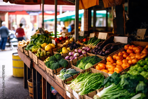 Fresh fruit and vegetables on the counter of a farmers market in the city 