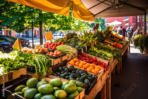 Fresh fruit and vegetables on the counter of a farmers market in the city
