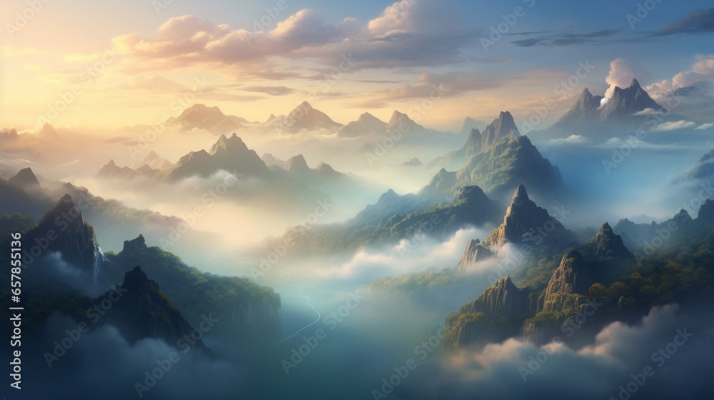 a majestic mountain range shrouded in morning mist, with towering peaks emerging from the ethereal veil, bathed in the soft, early light - obrazy, fototapety, plakaty 