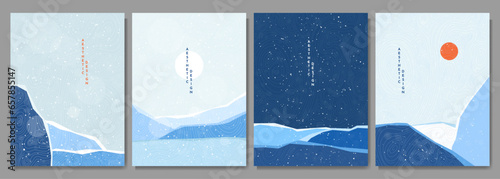 Vector polygonal illustration. Abstract flat minimalist design landscape set. Winter cold snowy season. Japanese line pattern. Vintage nature graphic. Day, night scene. Clear sky. Mountains, forest