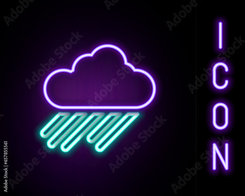 Glowing neon line Cloud with rain icon isolated on black background. Rain cloud precipitation with rain drops. Colorful outline concept. Vector