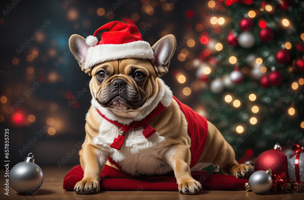 Funny French bulldog wearing in red Santa hat. Christmas and New Year. Generative AI