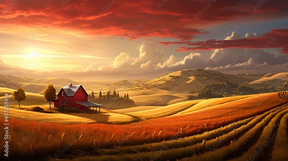 a peaceful countryside farm, with a red barn nestled among rolling hills, surrounded by fields of golden wheat