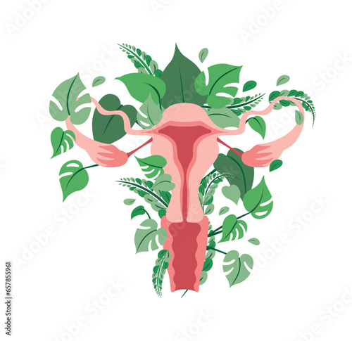 Vector illustration female reproductive system fantasy with botanical elements, jungle wallpaper, uterus. Isolated design on a white background