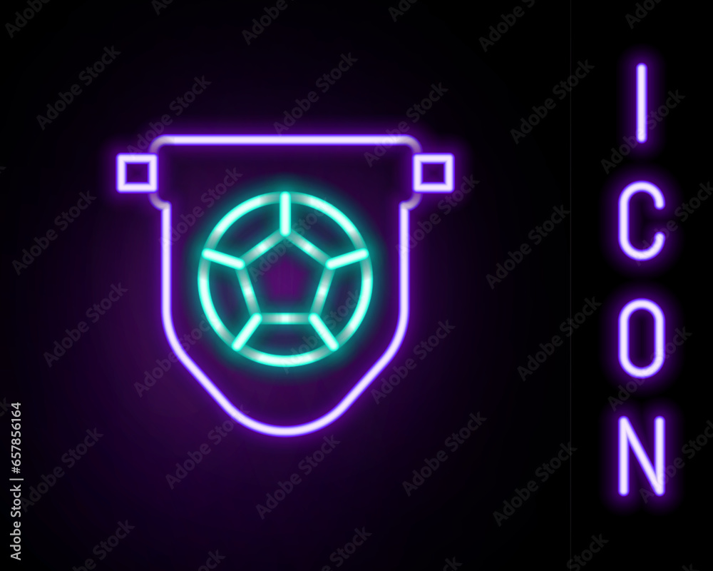 Glowing neon line Football or soccer flag pennant icon isolated on black background. Colorful outline concept. Vector