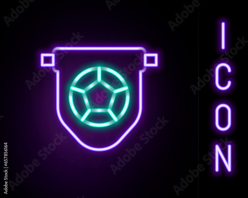 Glowing neon line Football or soccer flag pennant icon isolated on black background. Colorful outline concept. Vector