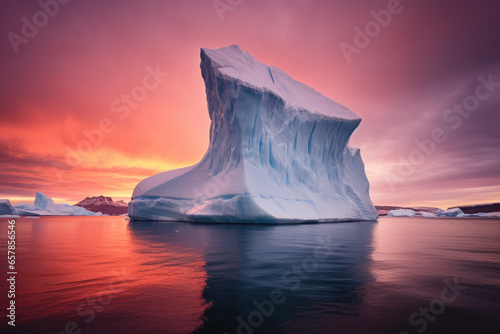 Arctic seascape with a majestic iceberg floating in the distance