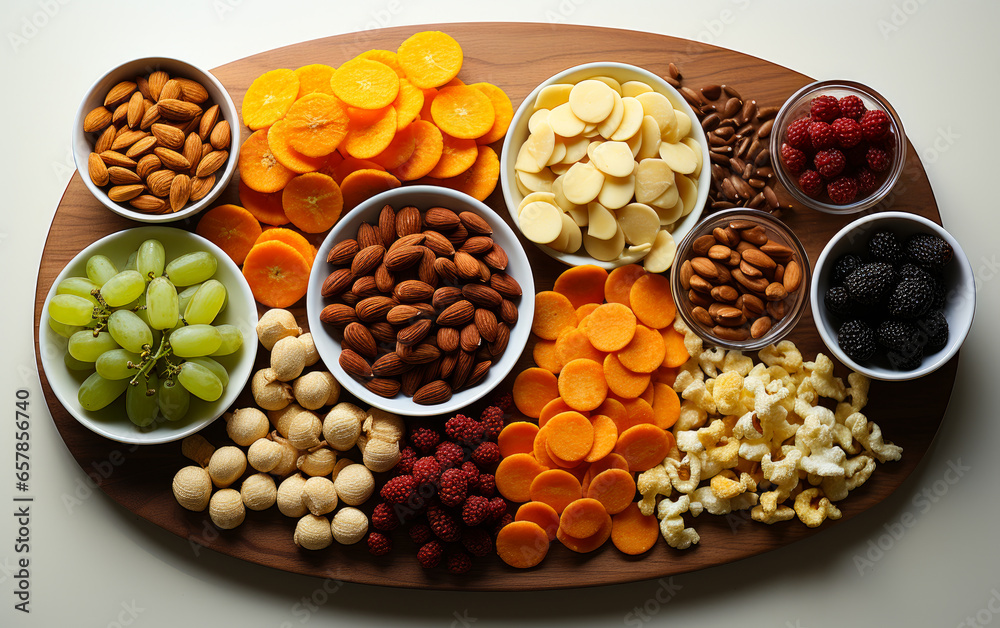 A colorful and delicious fruit and nut platter on a wooden platter. A wooden platter filled with assorted fruits and nuts A colorful and delicious fruit and nut platter on a wooden platter. A wooden platter filled with assorted fruits and nuts