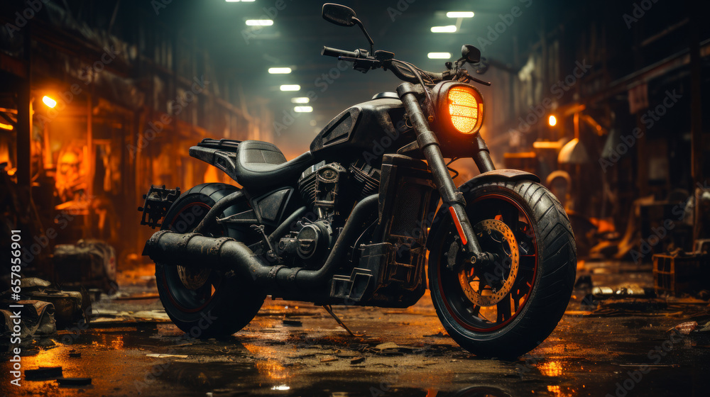 A black motorcycle parked in a dimly lit room