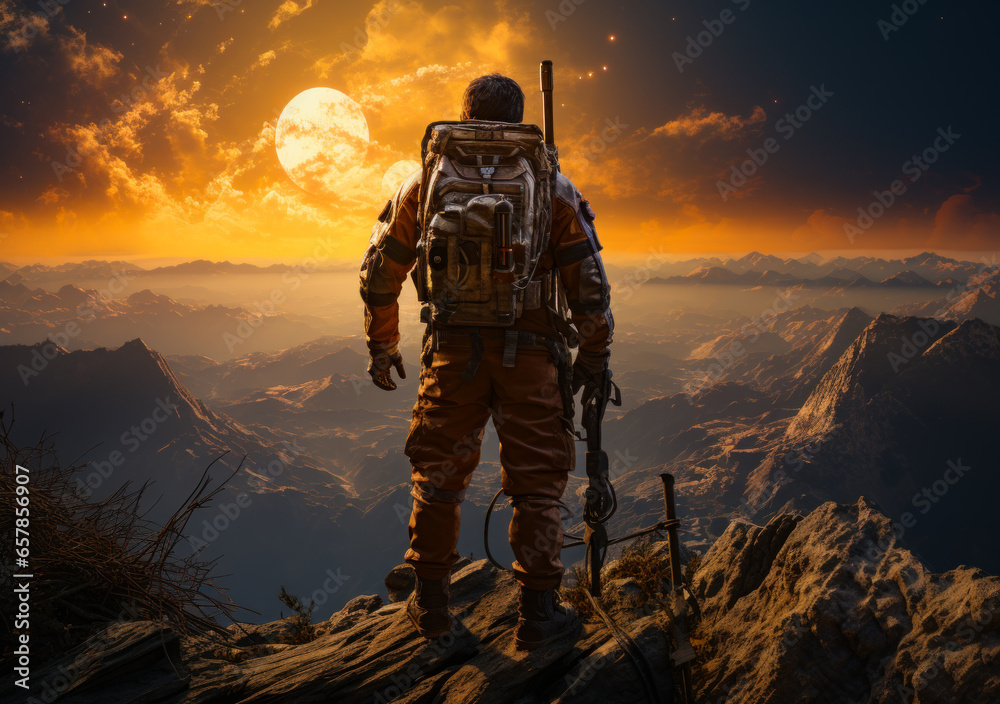 A man standing triumphantly on a mountain peak, rifle in hand A man standing triumphantly on a mountain peak, rifle in hand
