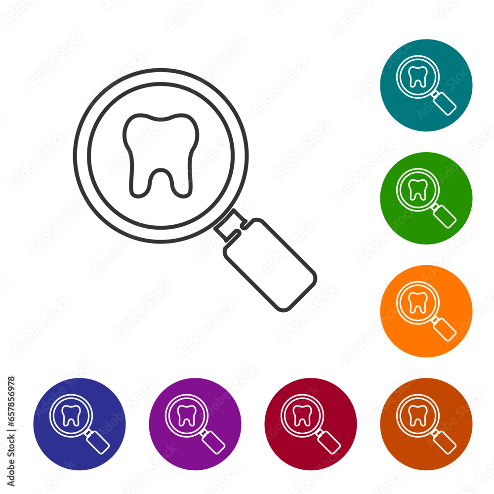 Black line Dental search icon isolated on white background. Tooth symbol for dentistry clinic or dentist medical center. Set icons in color circle buttons. Vector