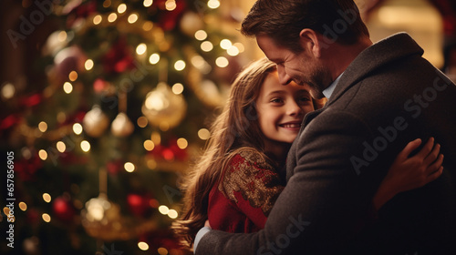 father and daughter hug in front of a decorated Christmas tree 