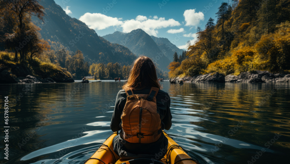 A person kayaking through a scenic river landscape. A person in a kayak paddling down a river