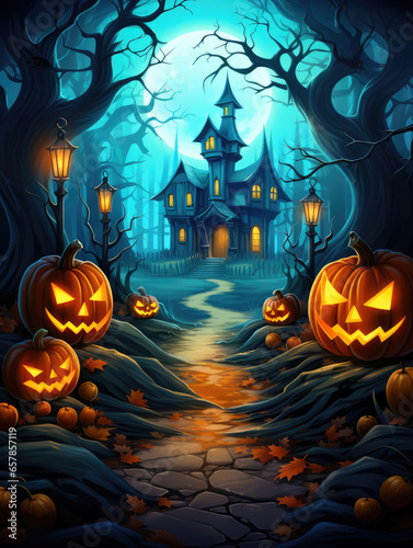 Halloween backdrop is bright, colorful with carved laughing glowing pumpkins, cartoon style. AI generated