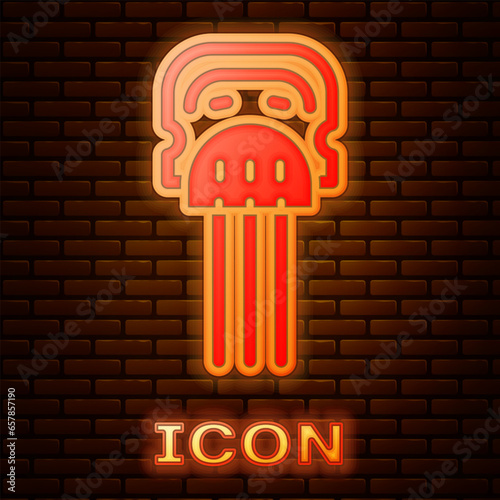 Glowing neon Flamenco woman accessories icon isolated on brick wall background. Peineta. Spanish comb. Vector photo