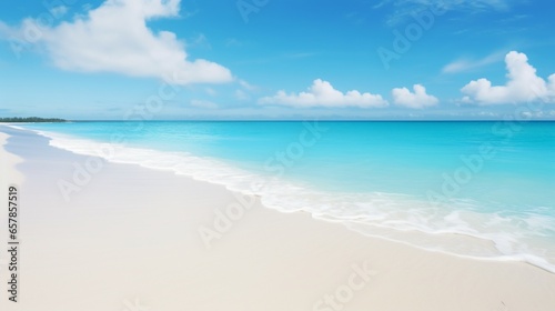 a remote, untouched beach, where turquoise waves gently lap against soft, powdery white sand beneath a cloudless sky