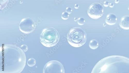 Wallpaper Mural 3D animation demonstrates many atoms floating in water. Particles within a liquid bubble, cosmetic essence, and a liquid bubble on a water background. Torontodigital.ca