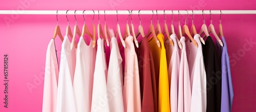 Colorful clothes on pink background with hangers