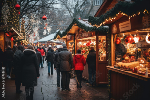 Christmas market with people shopping for holiday gifts and enjoying festive treats