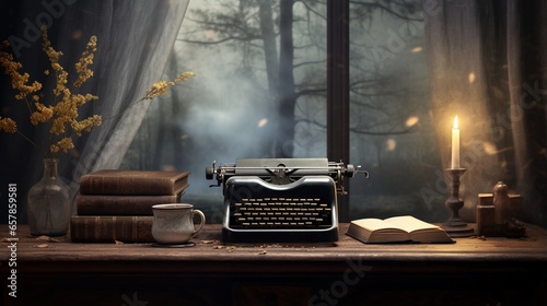 a serene desktop scene with a vintage typewriter and a stack of aged books on a wooden desk photo