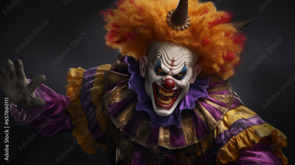 Angry clown, face contorted in rage, eyes wide and glaring.