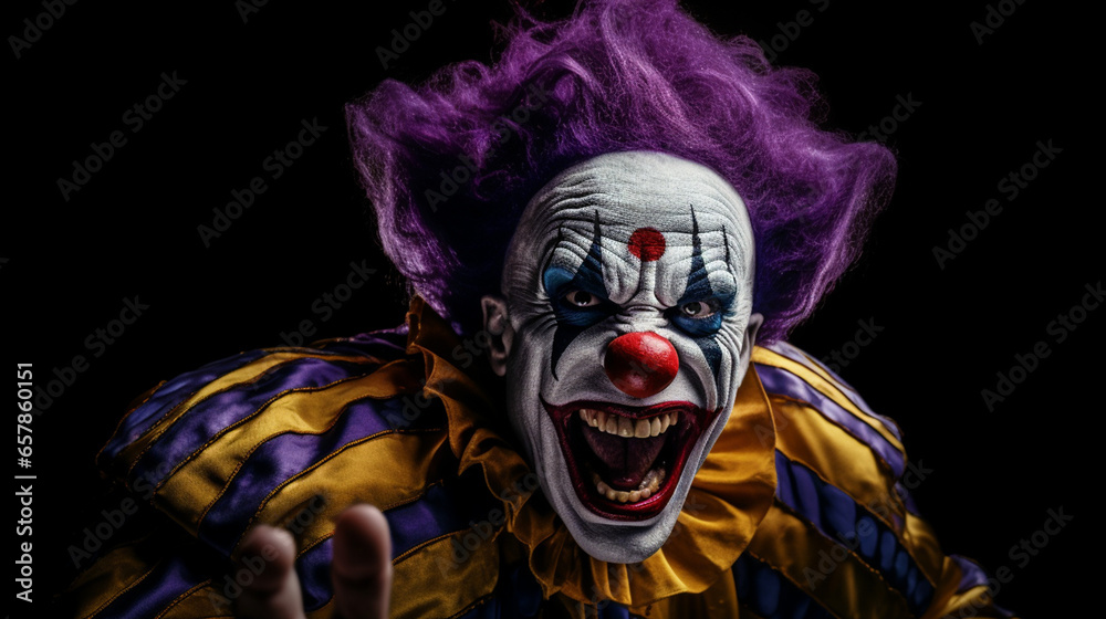 Angry clown, face contorted in rage, eyes wide and glaring.