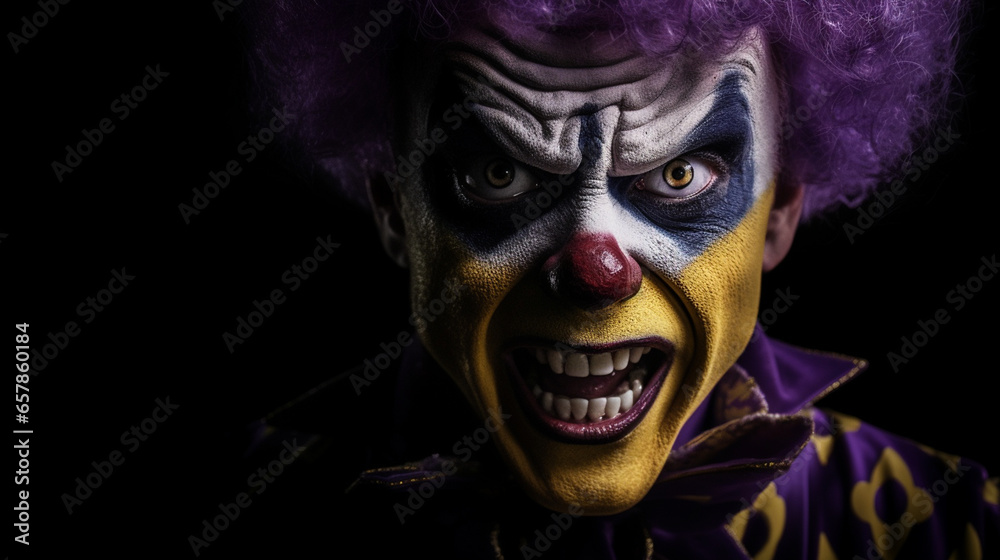 Angry clown, face contorted in rage, eyes wide and glaring. Angry clown, face contorted in rage, eyes wide and glaring.