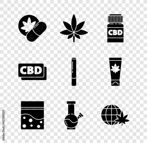 Set Herbal ecstasy tablets, Marijuana or cannabis leaf, Medical bottle with, Plastic bag of, Glass bong for smoking marijuana, Legalize globe, Cannabis molecule and joint icon. Vector