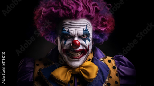 Angry clown, face contorted in rage, eyes wide and glaring.